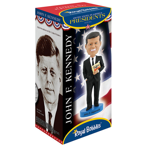 John F. Kennedy v3 bobblehead standing 7 inches tall, depicted holding his book 'Profiles in Courage', intricately hand-painted for collectors.
