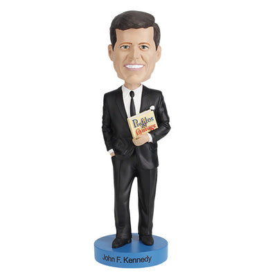 John F. Kennedy v3 bobblehead standing 7 inches tall, depicted holding his book 'Profiles in Courage', intricately hand-painted for collectors.