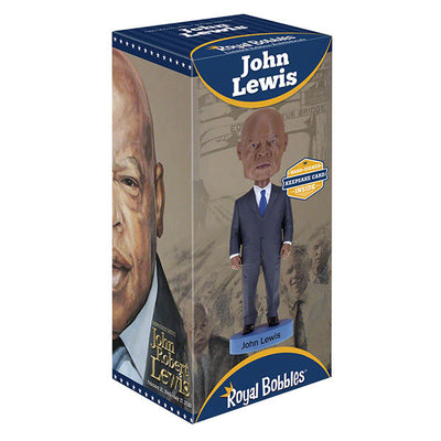 John Lewis Bobblehead with printed portrait card featuring an autograph, standing over 8 inches tall, capturing the likeness of the civil rights leader.