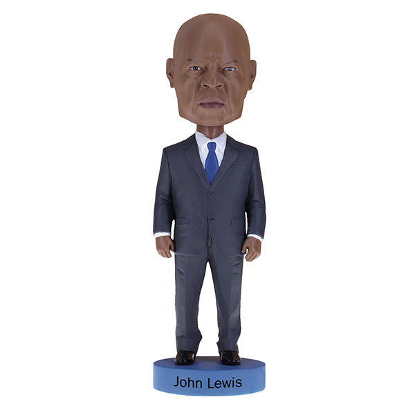 John Lewis Bobblehead with printed portrait card featuring an autograph, standing over 8 inches tall, capturing the likeness of the civil rights leader.