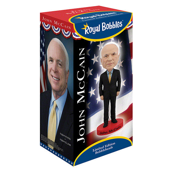 John McCain bobblehead stands over 8 inches tall, intricately hand-painted with detailed features, representing the well-known U.S. senator and military officer.