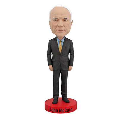 John McCain bobblehead stands over 8 inches tall, intricately hand-painted with detailed features, representing the well-known U.S. senator and military officer.
