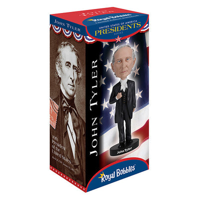 John Tyler Bobblehead, approximately 7 inches tall, showcasing detailed historical features and presidential attire, perfect for collectors and fans of American history.