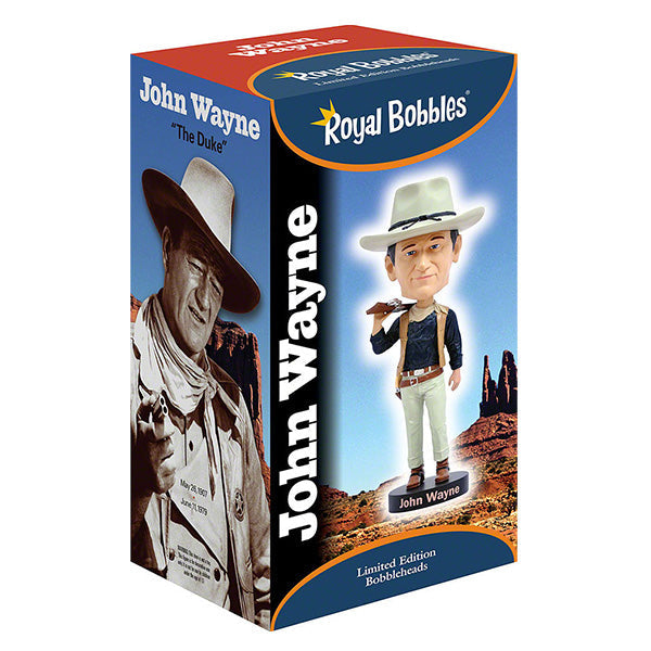 John Wayne Cowboy bobblehead standing 8 inches tall, showcasing detailed attire and accessories, perfect for fans of classic Western films.