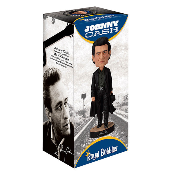 Johnny Cash Bobblehead featuring the iconic Man in Black in detailed finish, measuring 8 inches, perfect for collectors and fans of country music.