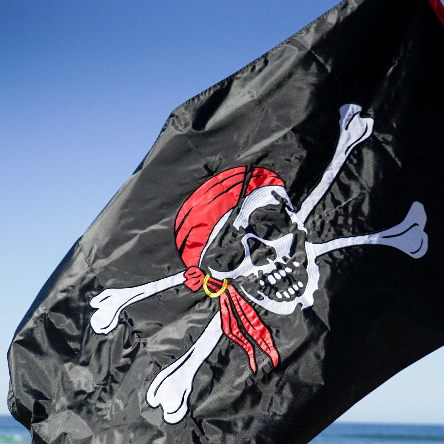 Jolly Roger Embroidered 3x5 Double Sided Grommet Flag displaying intricately stitched skull and crossbones design, set against a vivid backdrop, perfect for outdoor use.