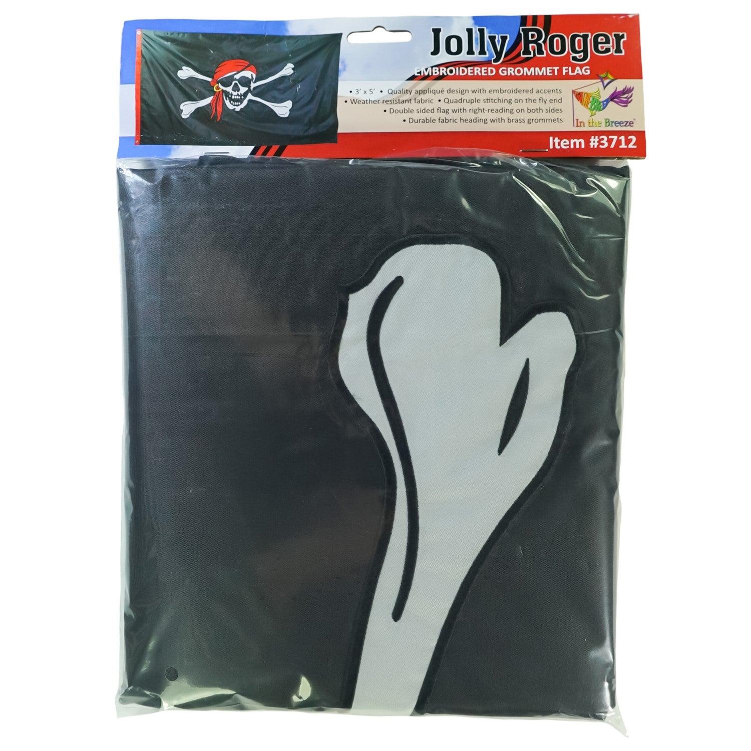 Jolly Roger Embroidered 3x5 Double Sided Grommet Flag displaying intricately stitched skull and crossbones design, set against a vivid backdrop, perfect for outdoor use.