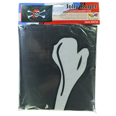 Jolly Roger Embroidered 3x5 Double Sided Grommet Flag displaying intricately stitched skull and crossbones design, set against a vivid backdrop, perfect for outdoor use.