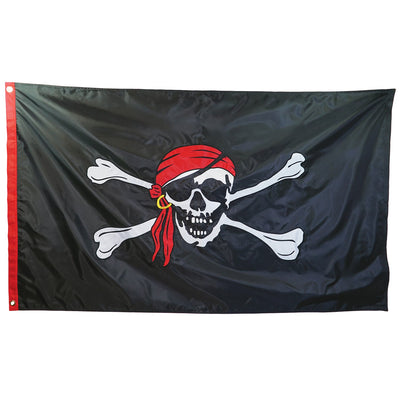 Jolly Roger Embroidered 3x5 Double Sided Grommet Flag displaying intricately stitched skull and crossbones design, set against a vivid backdrop, perfect for outdoor use.