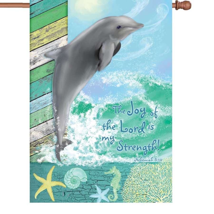 28 in. Joy of the Lord house flag featuring a colorful design displayed on a flagpole in a sunny outdoor garden setting.