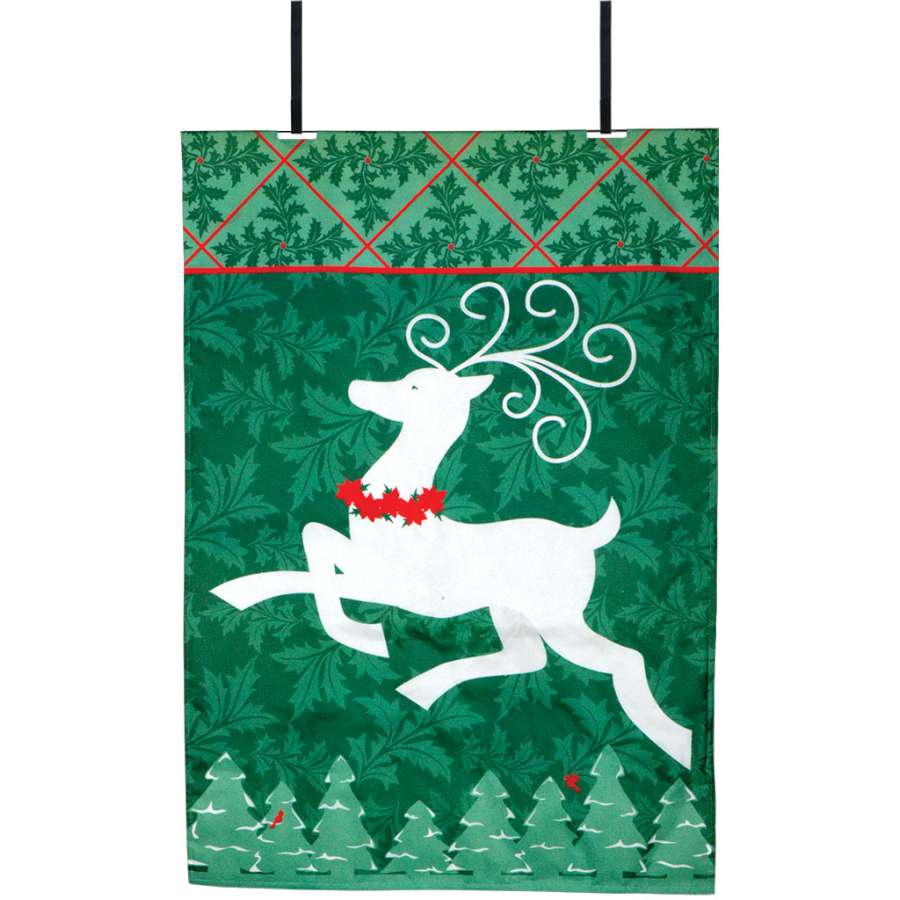 Joy Reindeer Flag measuring 28 inches with fiber optic lights, hanging gracefully over a front door, radiating a warm holiday glow.