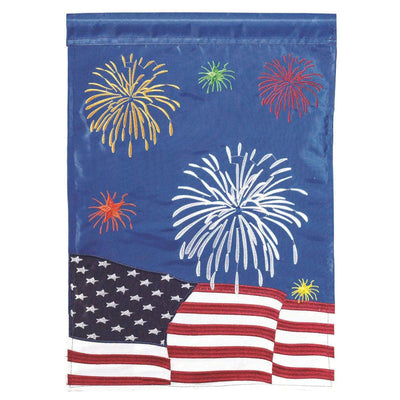July 4th Fireworks 13x18 garden flag with vibrant fireworks design, crafted from weatherproof polyester for lasting outdoor display.
