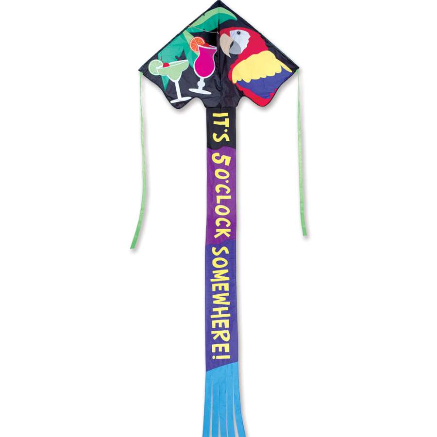 Jumbo Easy Flyer Kite - 5 O'Clock Somewhere in vibrant colors flying high against a clear blue sky, showcasing its stable design and beauty.