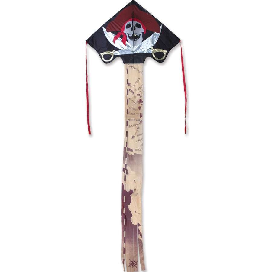 Jumbo Easy Flyer Kite with vibrant pirate design soaring high in the sky, showcasing its large size and colorful banners during flight.