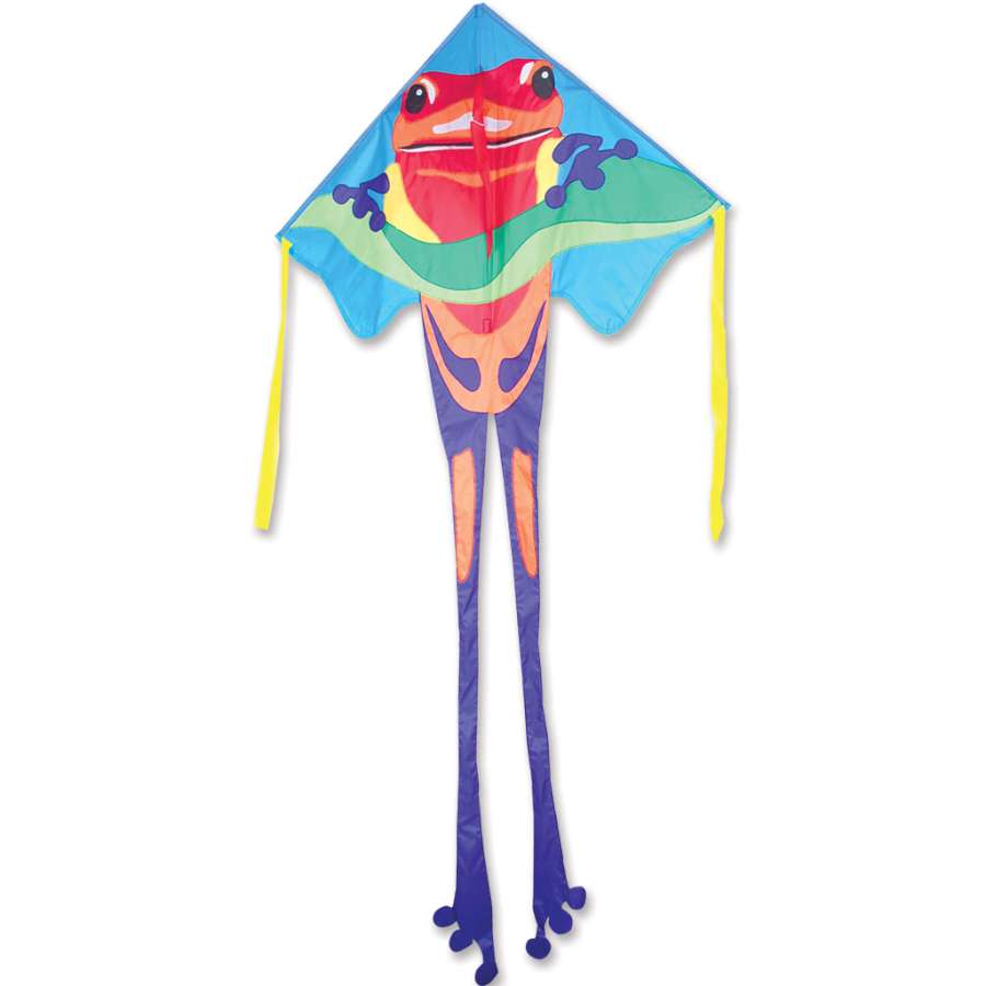 The Jumbo Easy Flyer Kite features a striking Poison Dart Frog design, exhibiting vibrant colors and patterns, gracefully soaring against the blue sky during outdoor play.