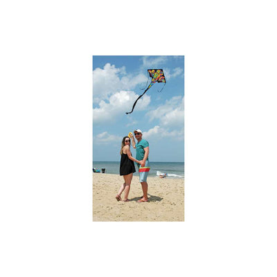 Jumbo Easy Flyer Kite in vibrant rainbow colors soaring with a backdrop of blue sky, showcasing 64x165 inch delta design.