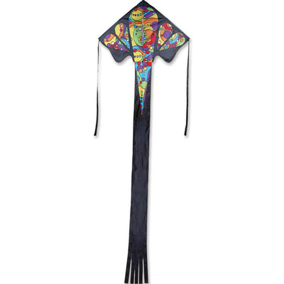 Jumbo Easy Flyer Kite in vibrant rainbow colors soaring with a backdrop of blue sky, showcasing 64x165 inch delta design.
