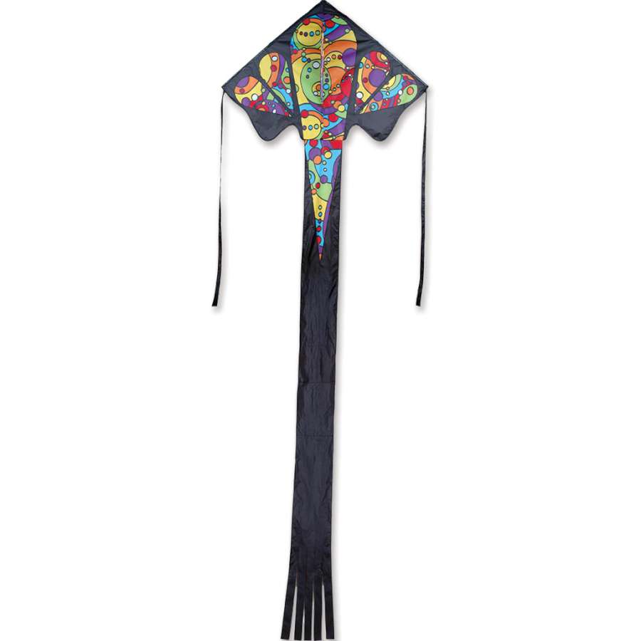 Jumbo Easy Flyer Kite in vibrant rainbow colors soaring with a backdrop of blue sky, showcasing 64x165 inch delta design.