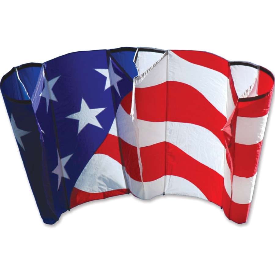 Jumbo Power Sled 36 Kite in patriotic colors soaring high in a clear blue sky, measuring 127x59 inches, ideal for outdoor family fun.