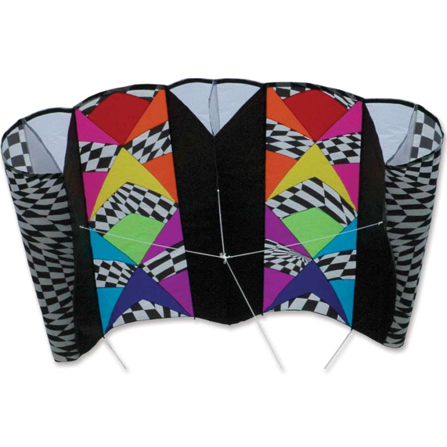 Jumbo Power Sled 36 kite measuring 127 x 59 inches made of ripstop polyester, flying in bright blue sky with clouds.