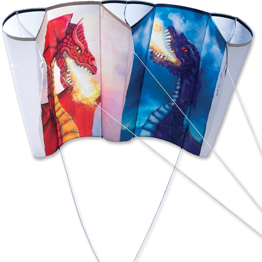 Jumbo Power Sled 36 Kite with Sun & Moon Dragons design soaring in a clear blue sky, measuring 127 x 59 inches for outdoor flying.