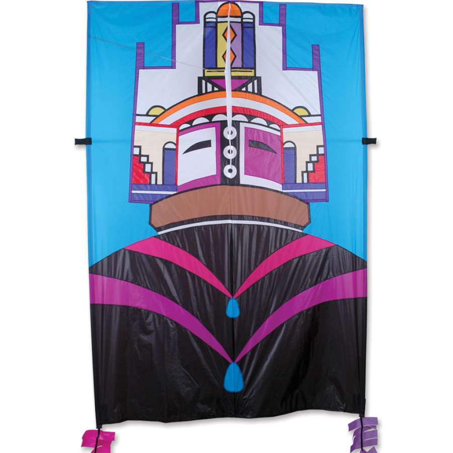 Colorful Kachina Kite measuring 48 x 72 inches, designed by Jon Burkhardt, flying against a blue sky in an outdoor setting.