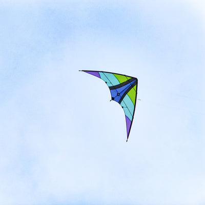 Kai 63' Sport Kite soaring against a bright blue sky, featuring vivid colors and a sleek two-line design ideal for outdoor enthusiasts.