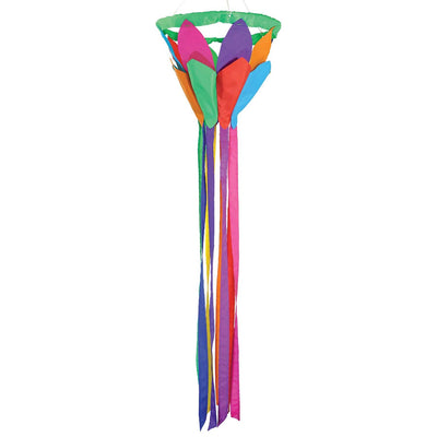 Kaleidoscope 38-inch Lotus Flower Windsock featuring bright petals and flowing rainbow tails, displayed outdoors in a garden setting.