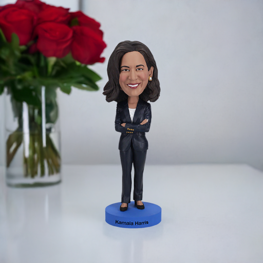 Kamala Harris Bobblehead featuring a detailed likeness of the Vice President in a blazer, bobbling head and vibrant colors, perfect for display.