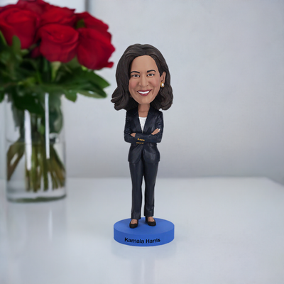 Kamala Harris Bobblehead featuring a detailed likeness of the Vice President in a blazer, bobbling head and vibrant colors, perfect for display.