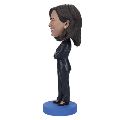 Kamala Harris Bobblehead featuring a detailed likeness of the Vice President in a blazer, bobbling head and vibrant colors, perfect for display.