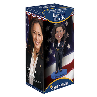 Kamala Harris Bobblehead featuring a detailed likeness of the Vice President in a blazer, bobbling head and vibrant colors, perfect for display.