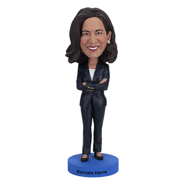 Kamala Harris Bobblehead featuring a detailed likeness of the Vice President in a blazer, bobbling head and vibrant colors, perfect for display.