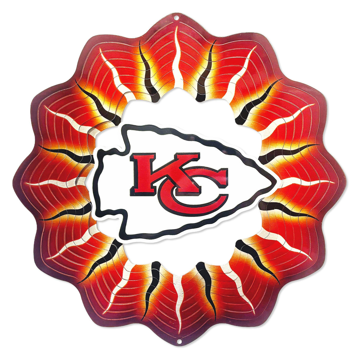 Kansas City Chiefs NFL Wind Spinner measuring 12 inches, crafted from powder-coated stainless steel and featuring bold team-themed artwork in colorful design.