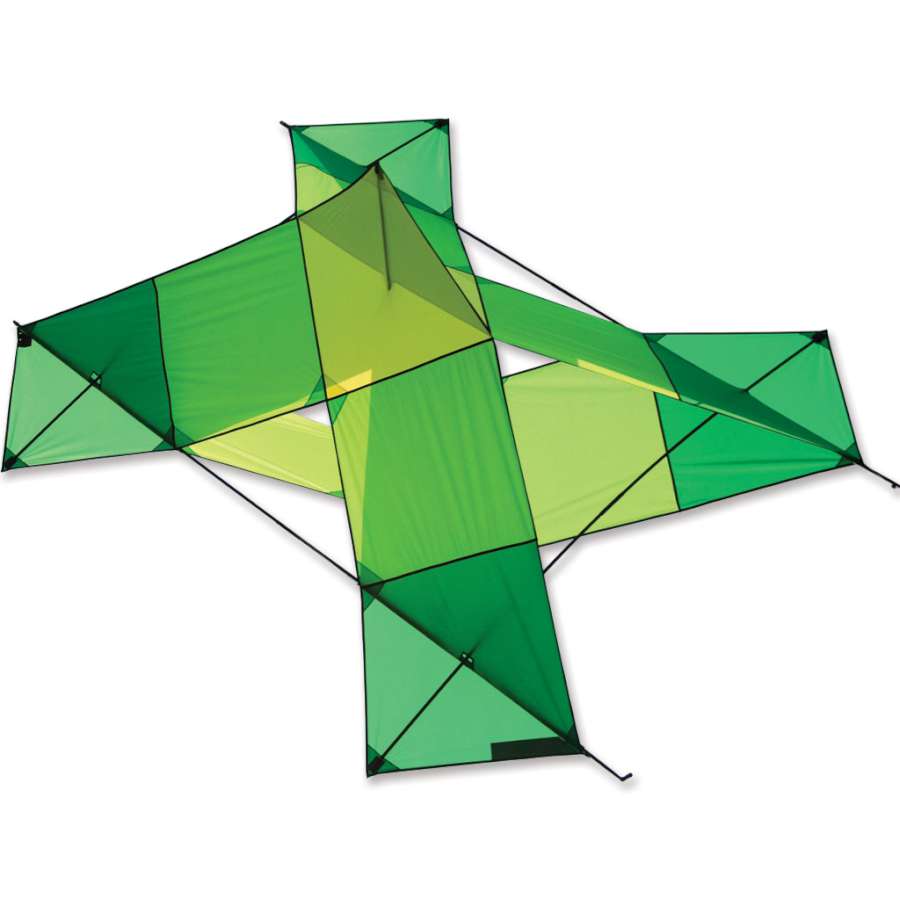 Key Lime Dimension X Kite soaring high in the sky, showcasing its vibrant colors and unique cellular design, measuring 83 x 107 inches.