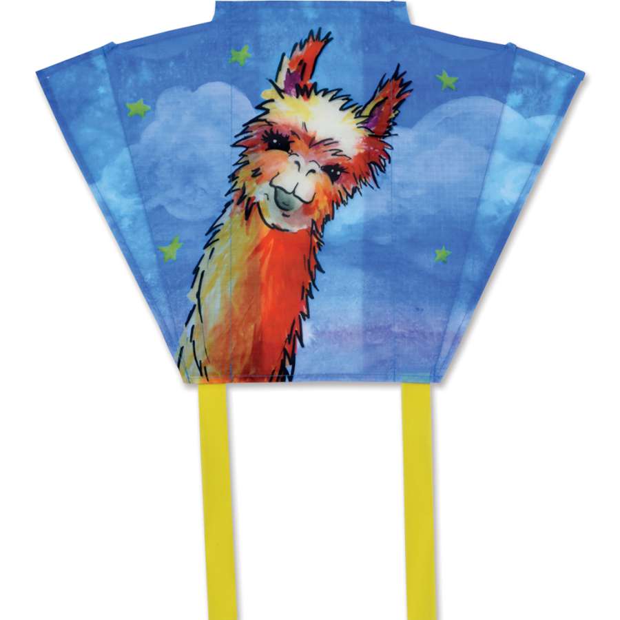 Keychain Kite - Llama, vibrant design with two streamers in a clamshell case, measuring 18 x 12.75 inches, ready for outdoor fun.