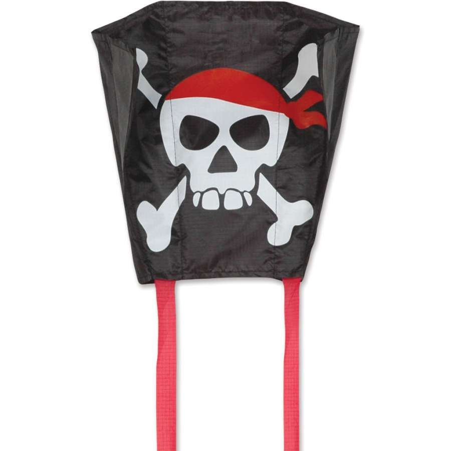 Keychain Kite - Skull & Bones displayed in a bright outdoor setting, showcasing its colorful fabric and compact design ready for flying.
