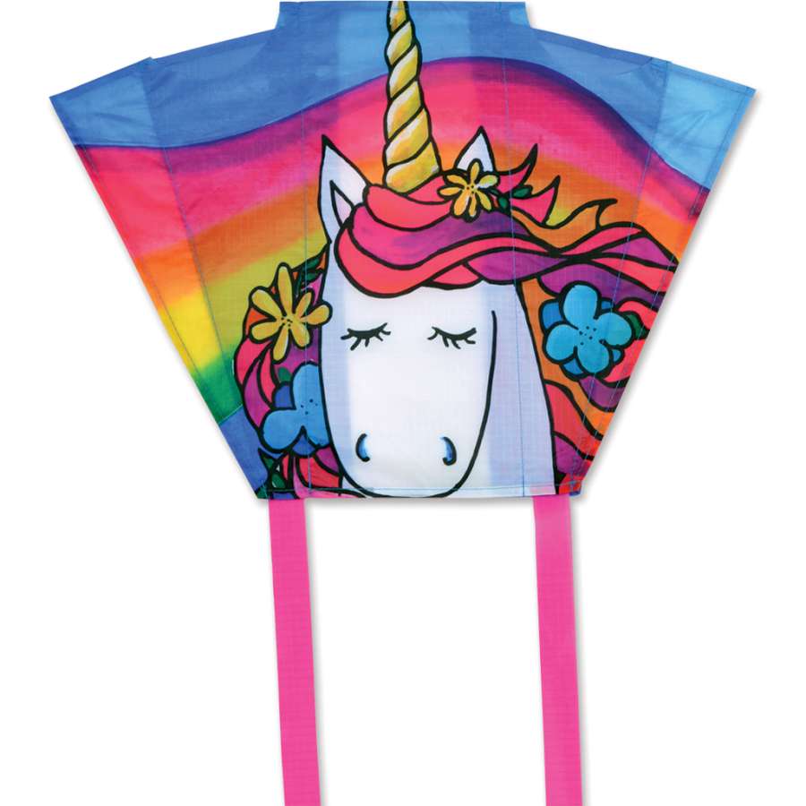Keychain Kite in Unicorn design, 18x12.75 inches, displayed in the air with colorful streamers, perfect for outdoor fun.