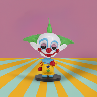 Killer Klowns - Shorty Go! Bobbles, a 3-inch tall horror-inspired bobblehead made from durable PVC, displayed on a shelf with other collectibles.