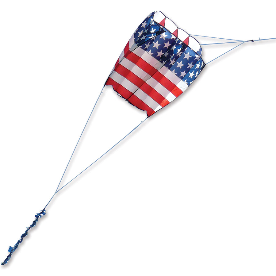 Killip Foil Kite 10 showcasing a vibrant patriotic design, measuring 44 x 47.5 inches, soaring into the blue sky with a 36-foot fuzzy tail.