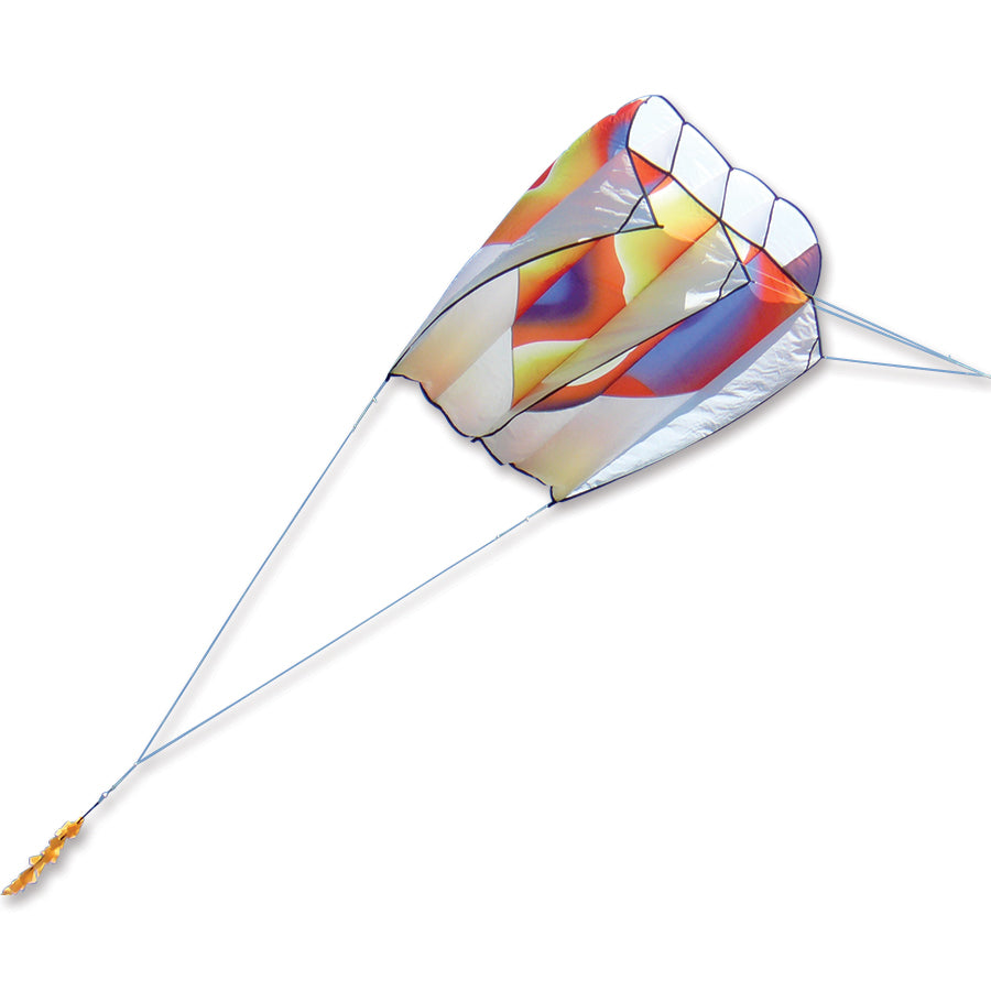 Killip Foil Kite 10 featuring rainbow chevron design measuring 44x47.5 inches, being flown outdoors with a 36-foot fuzzy tail.