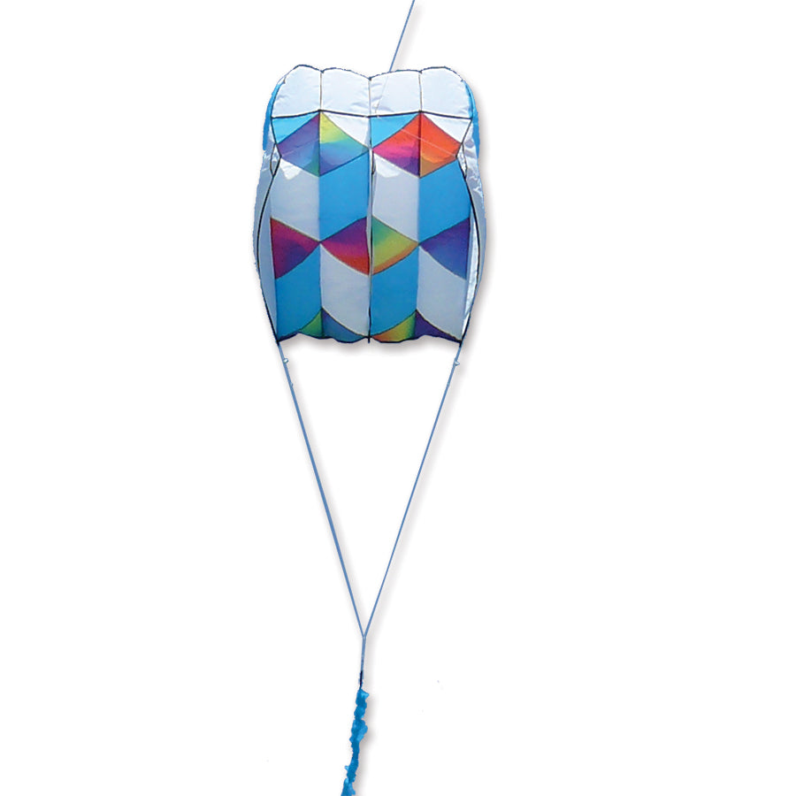 Killip Foil Kite 10 in Rainbow Cubes design, flying in a clear blue sky, showcasing vibrant colors and a 36 ft. fuzzy tail.