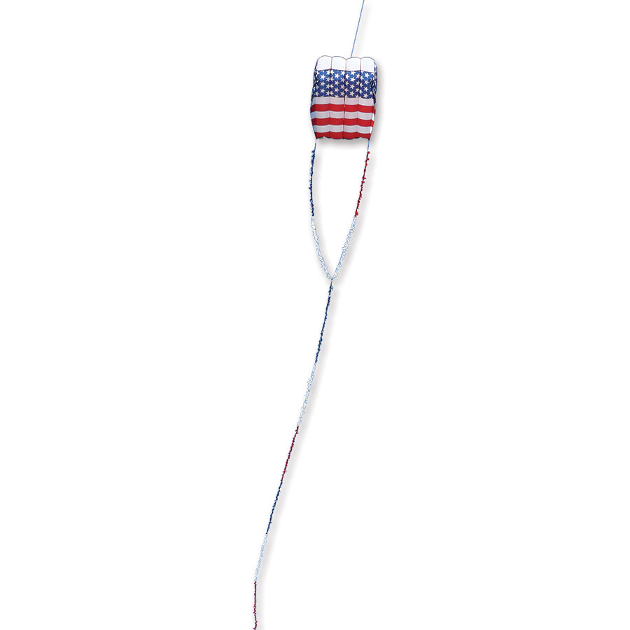 Killip Foil Kite 20 displaying a colorful patriotic design, measuring 60x67 inches with a 50-foot fuzzy tail soaring in a blue sky.