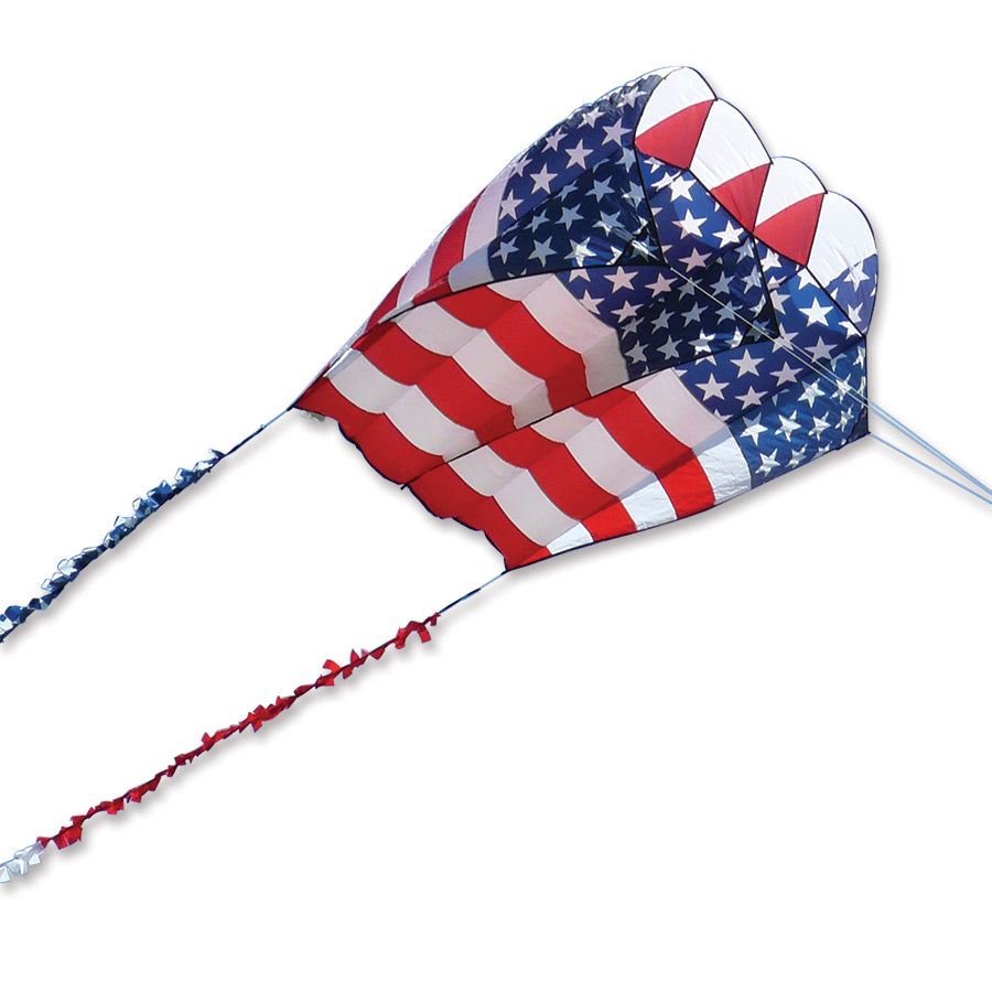 Killip Foil Kite 20 displaying a colorful patriotic design, measuring 60x67 inches with a 50-foot fuzzy tail soaring in a blue sky.