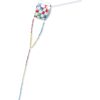 Killip Foil Kite 20 in vibrant rainbow check design flying in the air with a 50 ft. fuzzy tail against a clear blue sky.