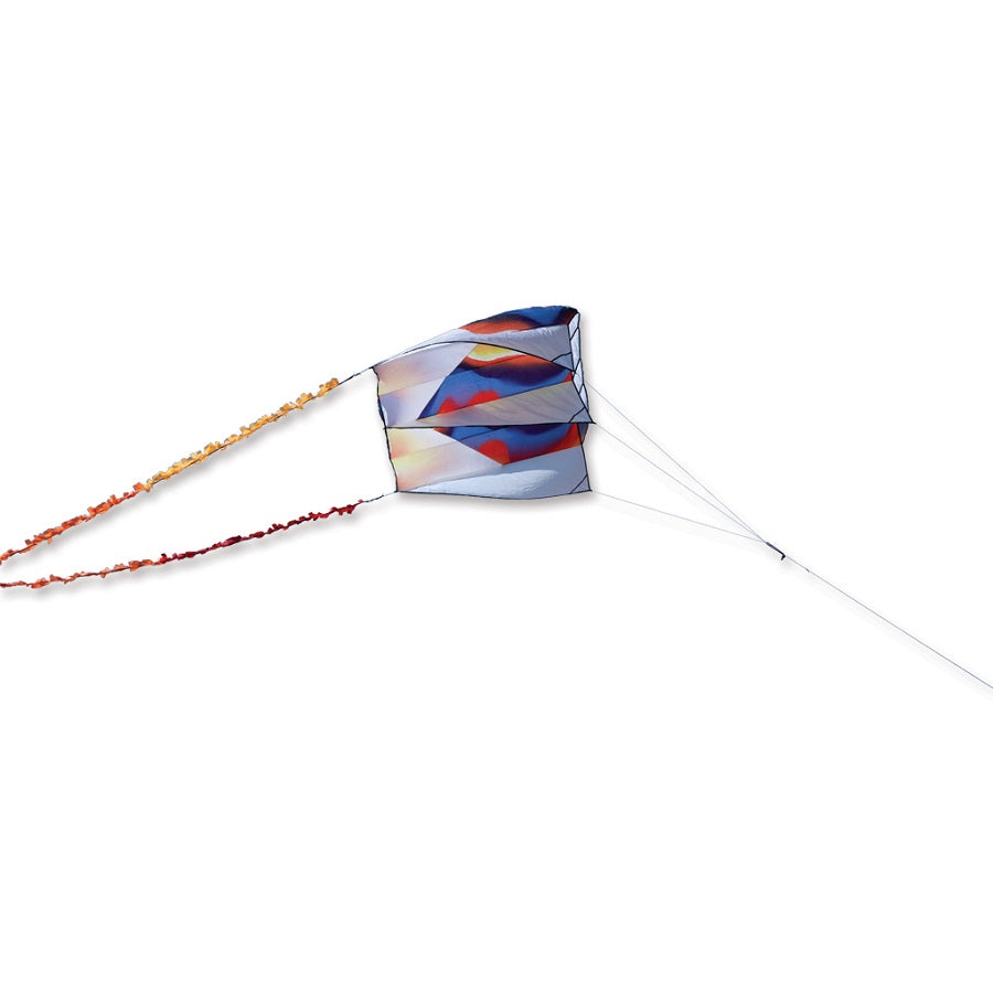 Killip Foil Kite 20 in Rainbow Chevron, featuring a colorful design, displayed soaring in the sky with a 50-foot fuzzy tail.