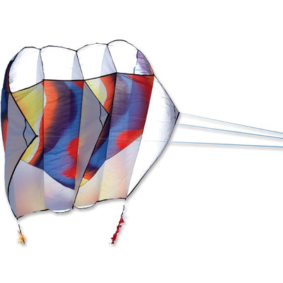 Killip Foil Kite 20 in Rainbow Chevron, featuring a colorful design, displayed soaring in the sky with a 50-foot fuzzy tail.