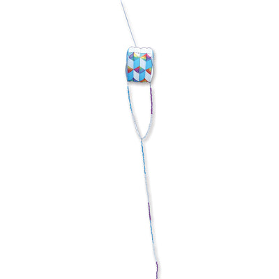 Killip Foil Kite 20 - Rainbow Cubes, 60x67 inches, soaring in the sky with a vibrant colorful design and a 50-foot fuzzy tail.