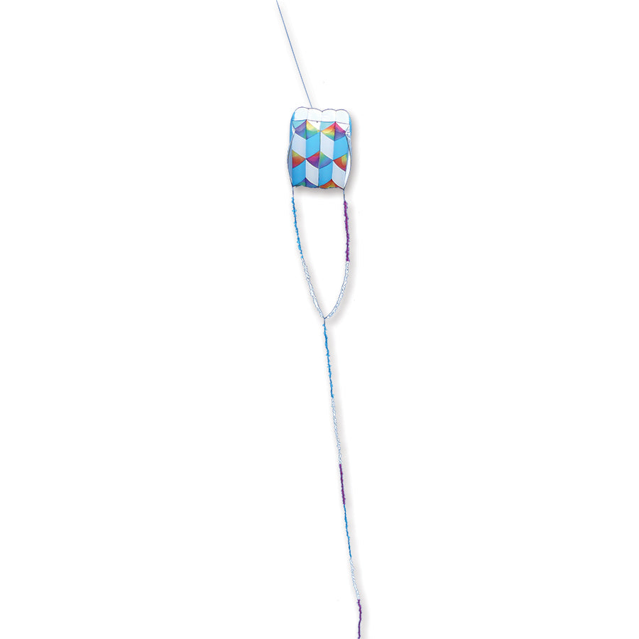 Killip Foil Kite 20 - Rainbow Cubes, 60x67 inches, soaring in the sky with a vibrant colorful design and a 50-foot fuzzy tail.
