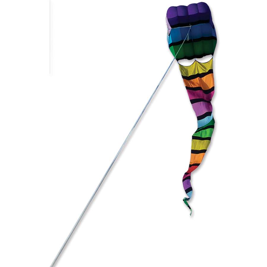 Killip Foil Kite 45 featuring a colorful design, measuring 75x90 inches with a 45-foot banner tail, flying high in a clear blue sky.